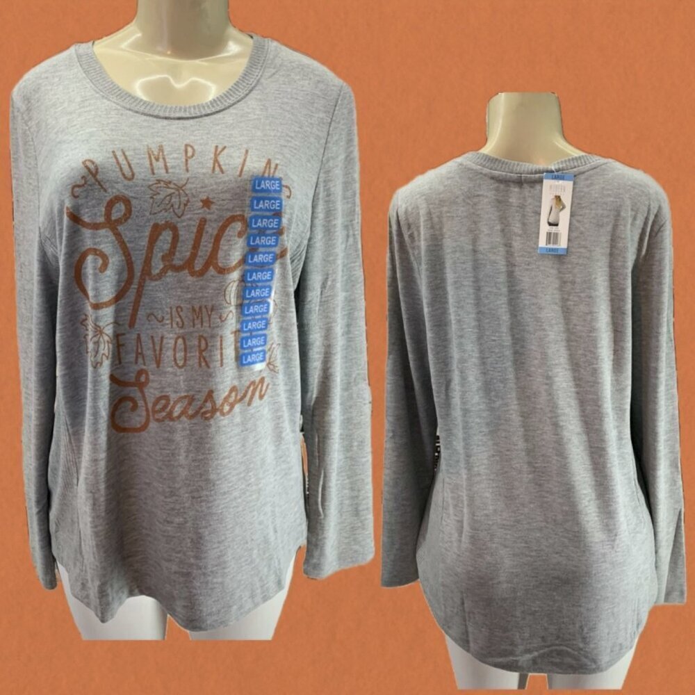 Modern Canvas L Gray Heather Pumpkin Spice Graphic Ribbed Accent Long Sleeve Top